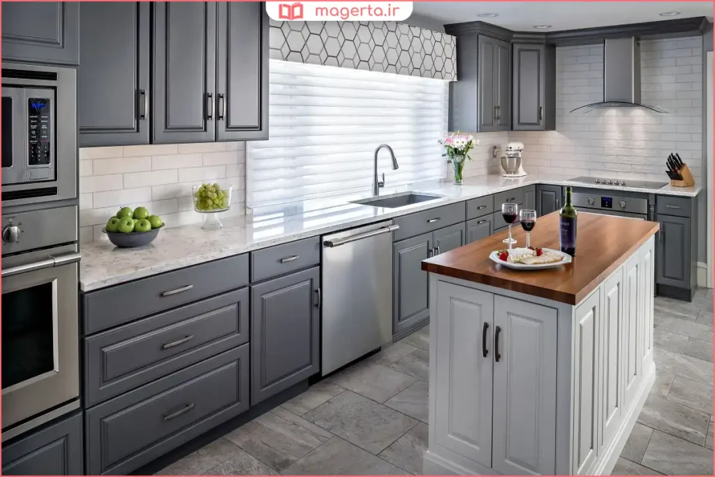 ترکیب رنگ طوسی در طراحی کابینت آشپزخانه کوچک مدرن