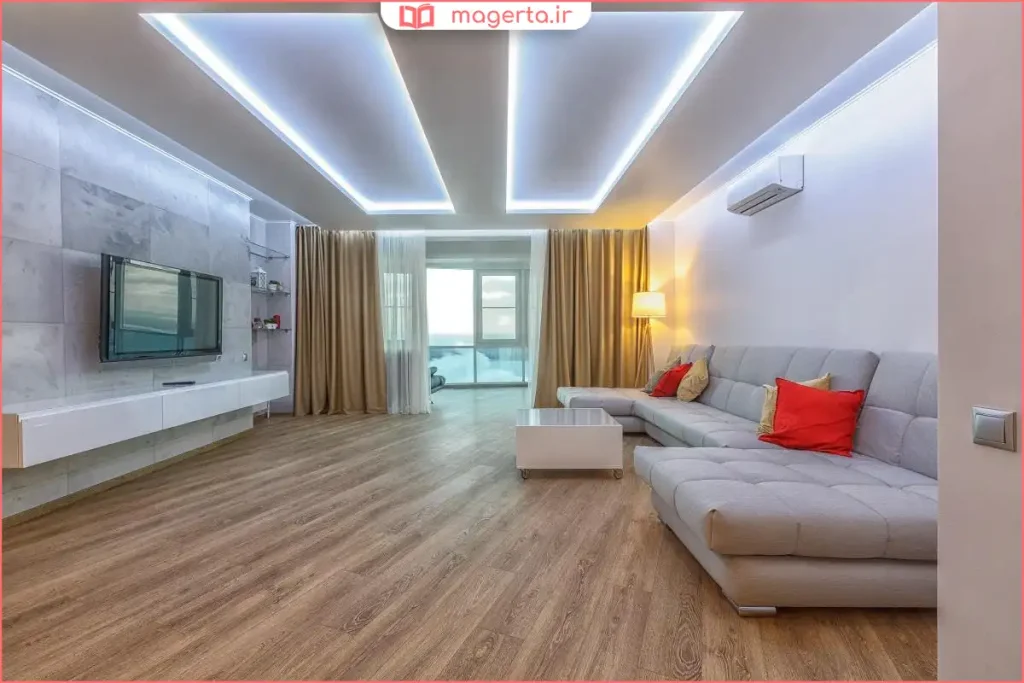 نور مخفی سقف با رنگ زرد گرم برای ایجاد فضای دلپذیر در پذیرایی