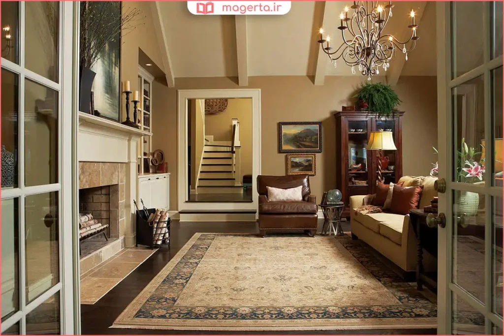 فرش طرح مدرن با رنگهای خنثی برای هماهنگی با پرده و دیوار