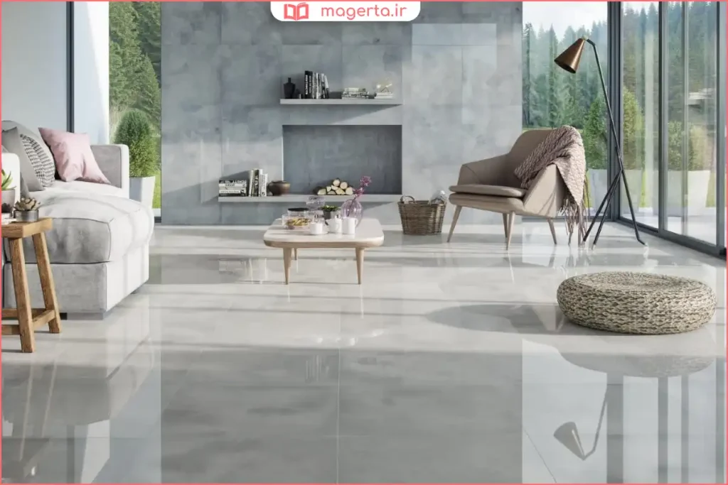 پذیرایی مدرن با سرامیک کف براق به رنگ کرم روشن و مبلمان هماهنگ