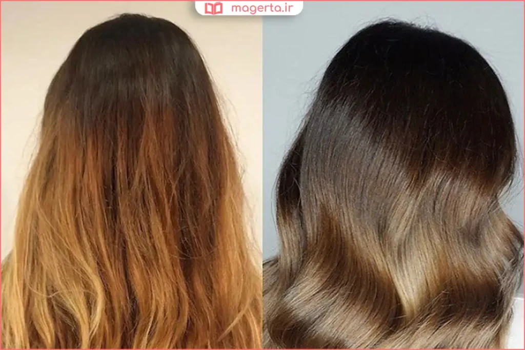 ترکیب رنگ بلوند کاراملی روی پایه نارنجی برای ایجاد تن طبیعی‌تر