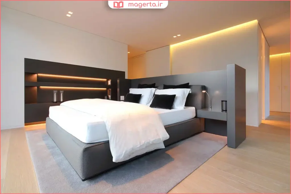 ترکیب نور مخفی صورتی و سفید در اتاق خواب مدرن