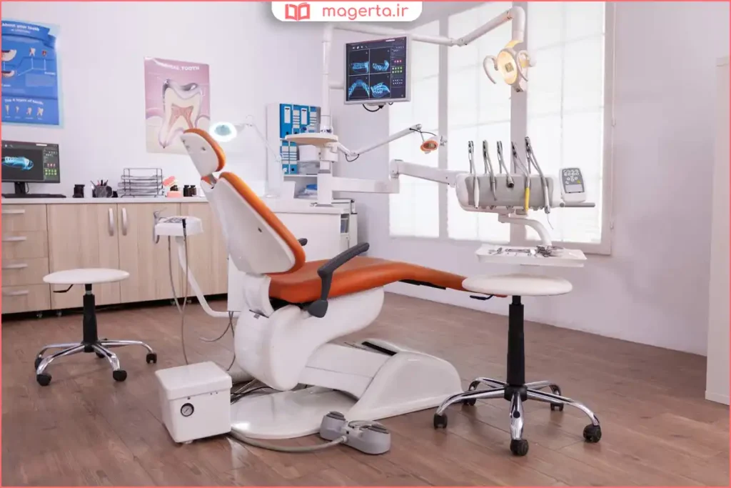 یونیت دندانپزشکی نارنجی مدرن با طراحی تمیز و حرفه‌ای