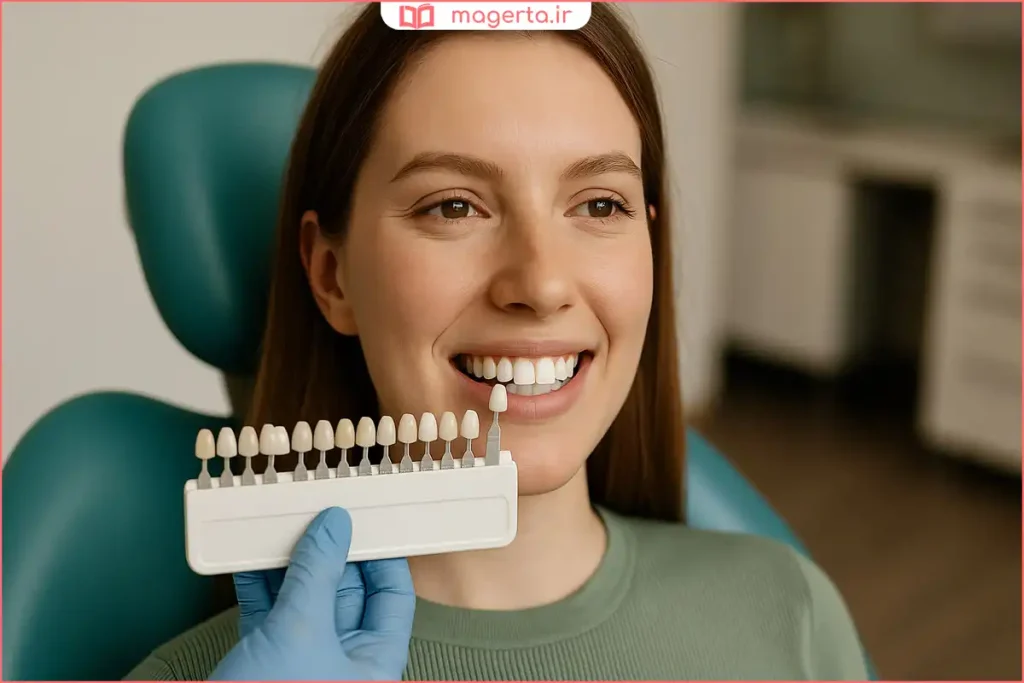 دندان‌پزشک در حال انتخاب رنگ مناسب کامپوزیت با استفاده از پالت رنگ دندان