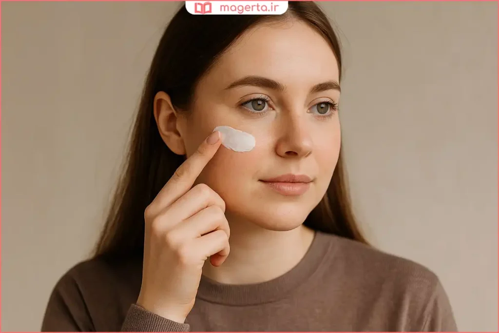 نمای نزدیک از پوست شاداب و حجیم پس از مراقبت روزانه صورت