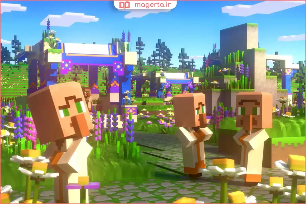 بازیکن در حال تعامل با ویلیجر کشاورز کنار مزرعه گندم