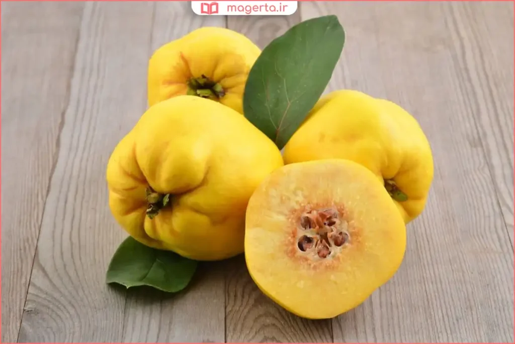 میوه به تازه با بافت زرد و سالم روی سطح چوبی