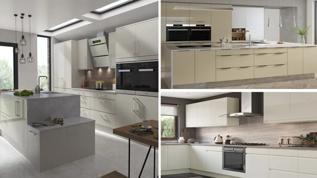 نمونه کارهای مختلف کابینت هایگلاس رنگ روشن در طرحهای مختلف مگنتی مدرن، دستگیرهدار، و به صورت پلهای