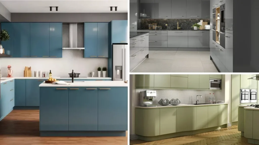 چند نمونه کار از مدل کابینت هایگلاس مات در رنگها و سبکهای مختلف و پرطرفداری مانند سبز، آبی و خاکستری