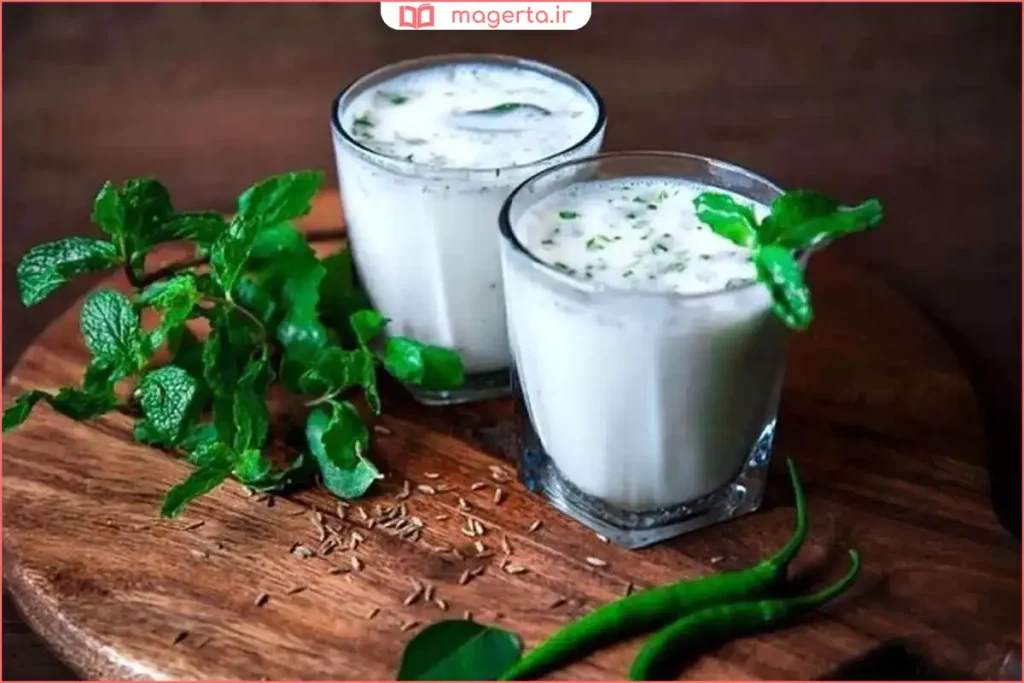 دوغ محلی خنک کنار غذای سنتی ایرانی