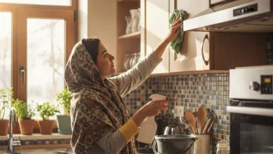 زن ایرانی در حال تمیز کردن کابینت
