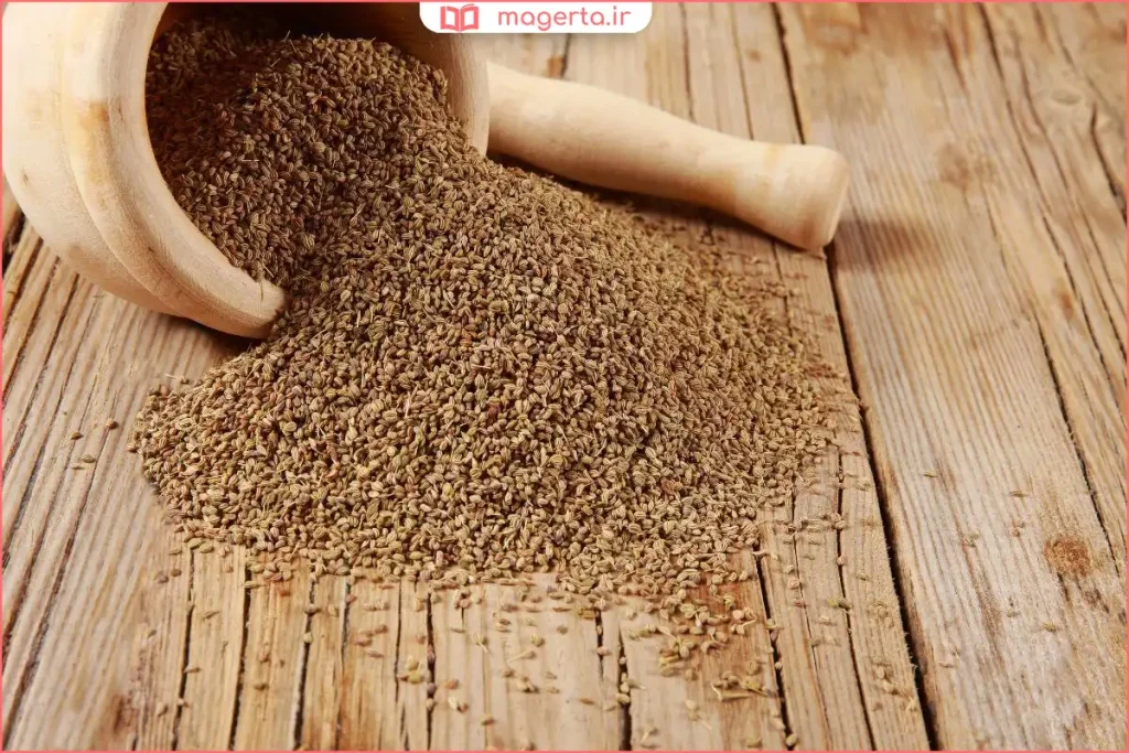 دانههای زنیان تازه و خشک شده روی سطح چوبی
