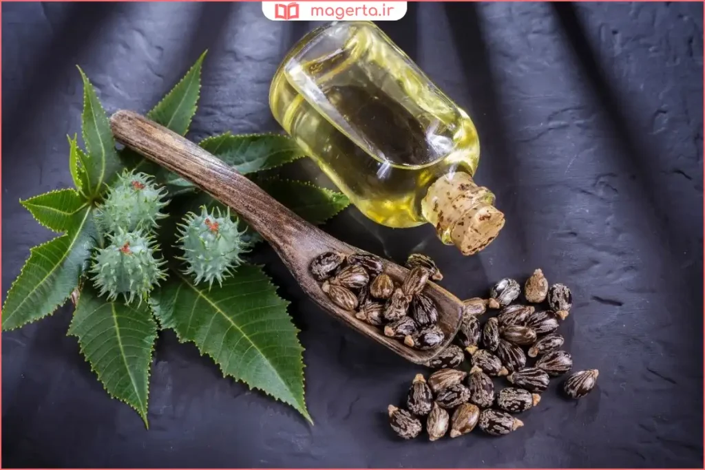 روغن کرچک در قاشق شیشه‌ای با پس‌زمینه روشن