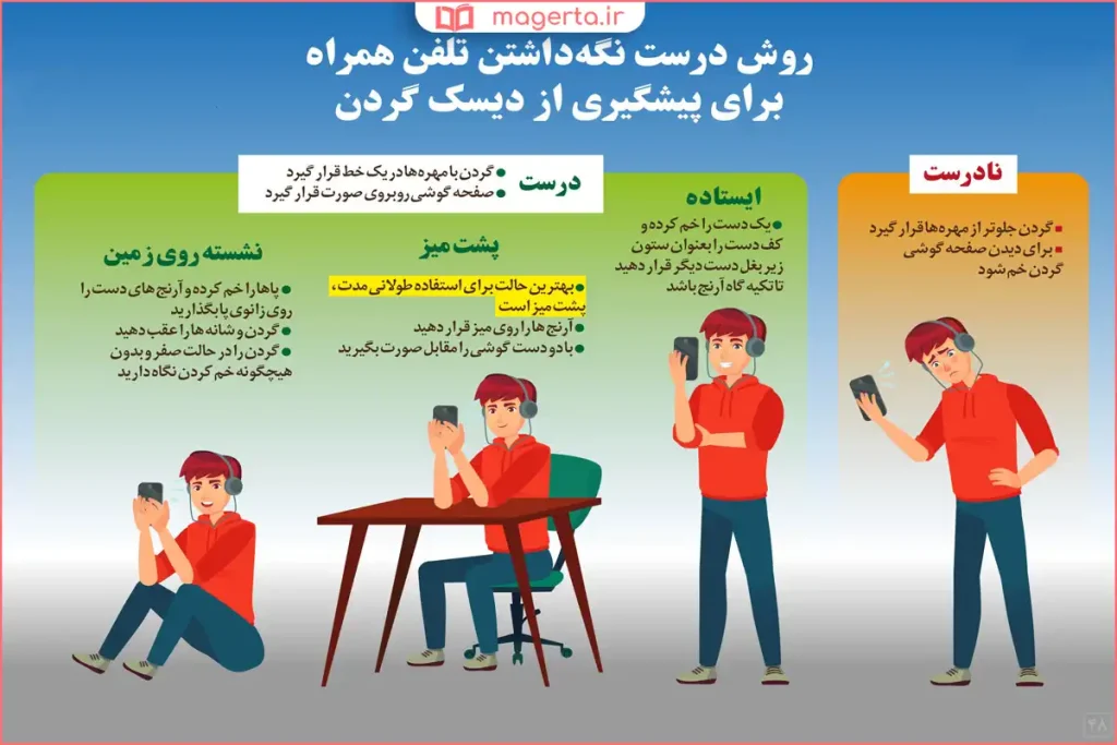 نشستن استاندارد هنگام کار با گوشی بدون خم کردن گردن