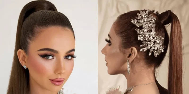 دم اسبی بالا برای عروس با موهای لخت