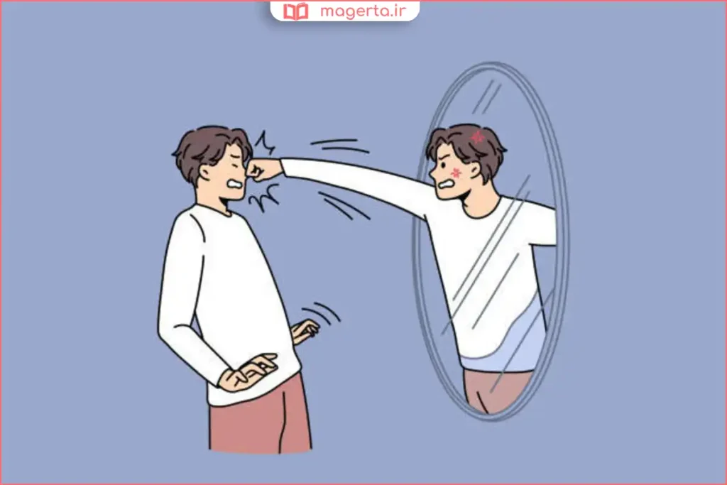 چهره فرد در آینه با حالت ناراضی و افکار منفی درباره خود