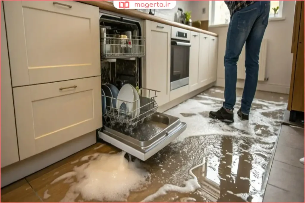 نشت آب از زیر ماشین ظرفشویی روی کف آشپزخانه