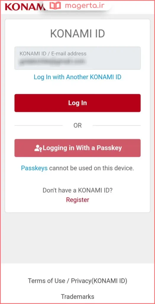 وارد کردن ایمیل یا KONAMI ID