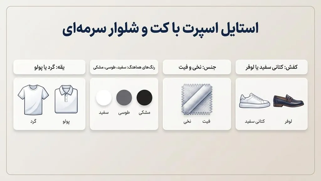 استایل اسپرت کت و شلوار سرمهای با تیشرت یا پولوشرت