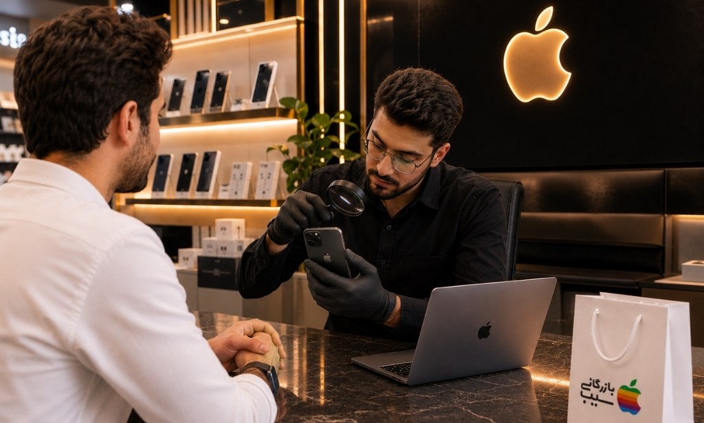 تصویری از پرسنل بازرگانی سیب در حال چک کردن یک آیفون