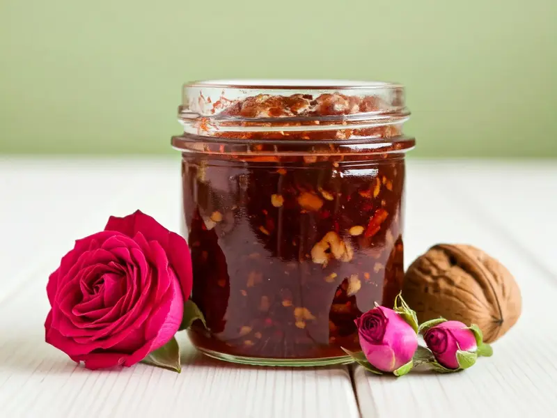 مربای گل محمدی خشک با گردوی خردشده در ظرف شیشه‌ای
