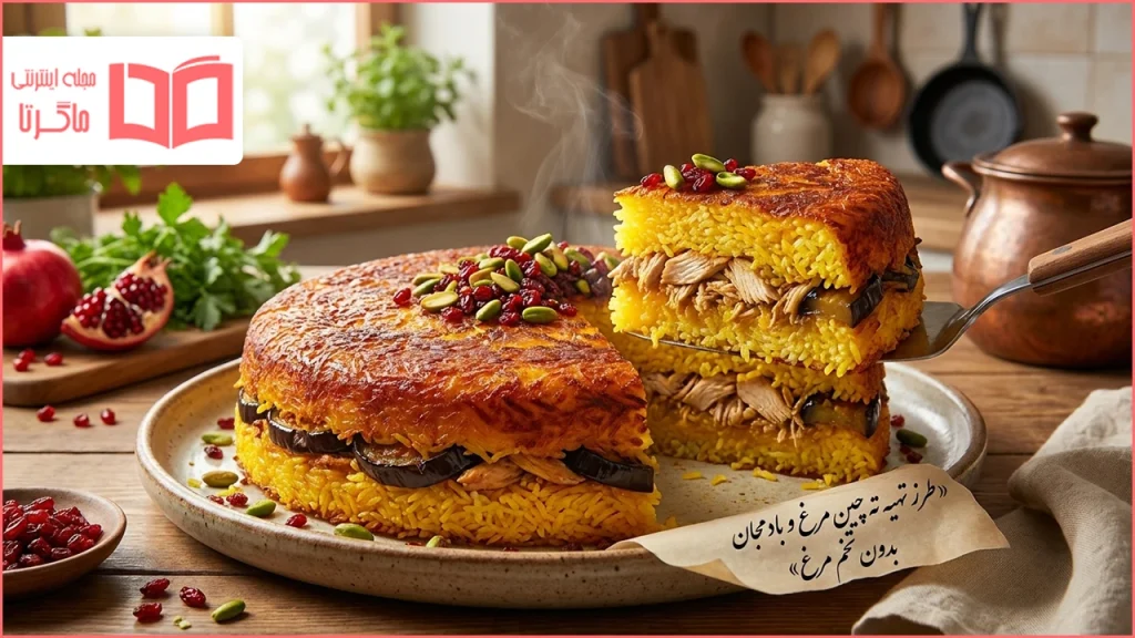 طرز تهیه ته چین مرغ و بادمجان بدون تخم مرغ برای چهار نفر