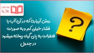 روش آبیاری که در آن آب با فشار خیلی کم و به صورت قطرات به پای گیاه ریخته میشود در جدول